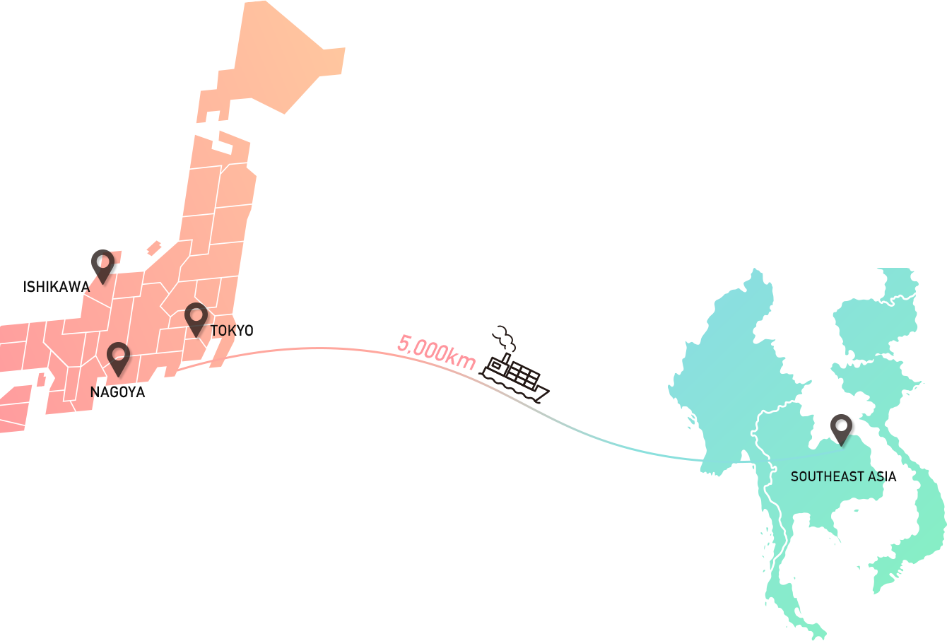 日本から東南アジアへの地図
